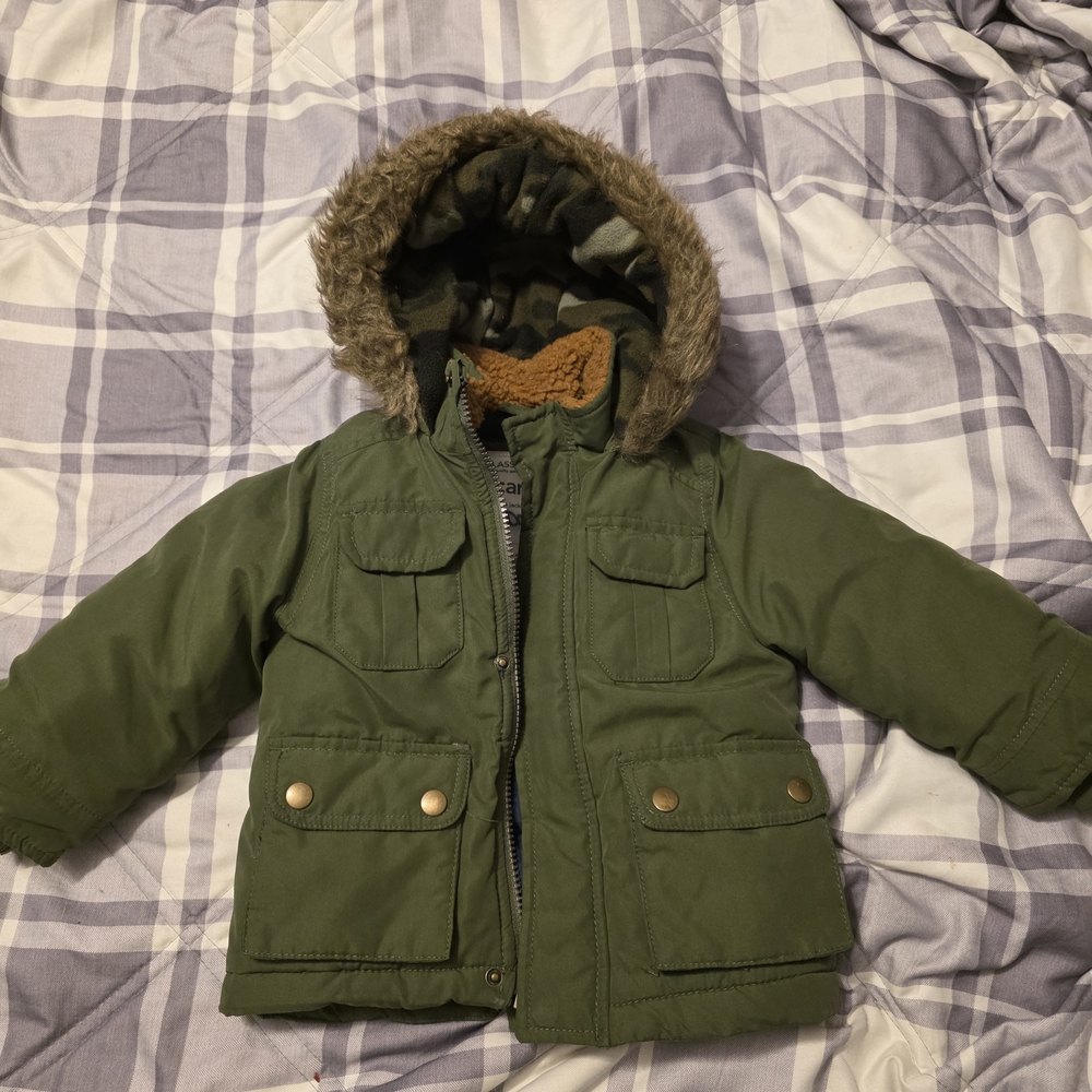 Carter's Green Puffer Jacket with Faux Fur Hood